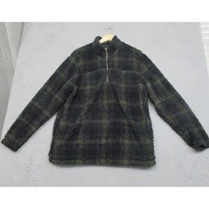 Mens L Navy Olive Plaid Teddy Sherpa Fleece 1/4 Zip Gorpcore Cabin Core Alpine
